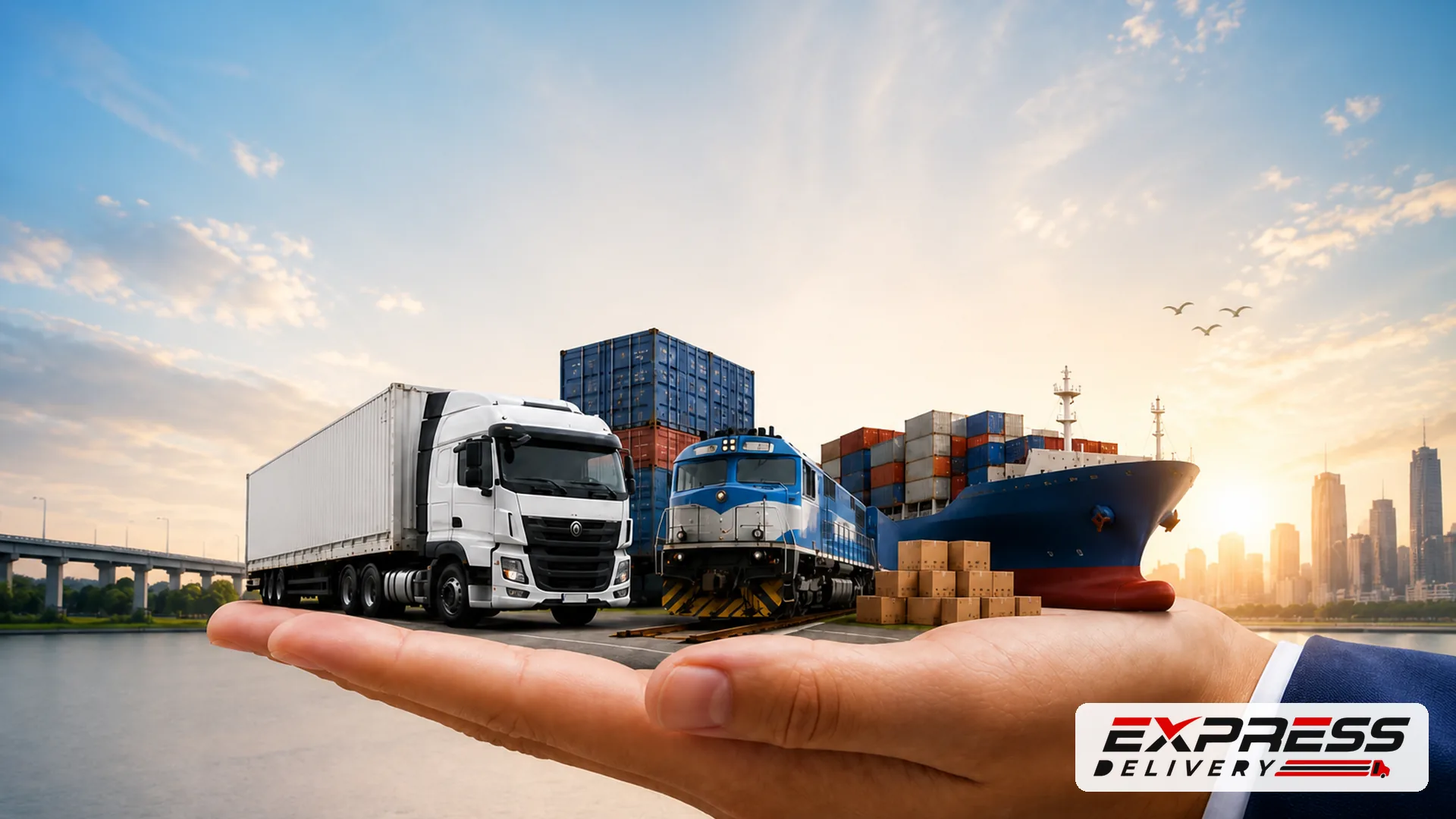 Express Deliveries logistics network with truck, train, ship and cargo