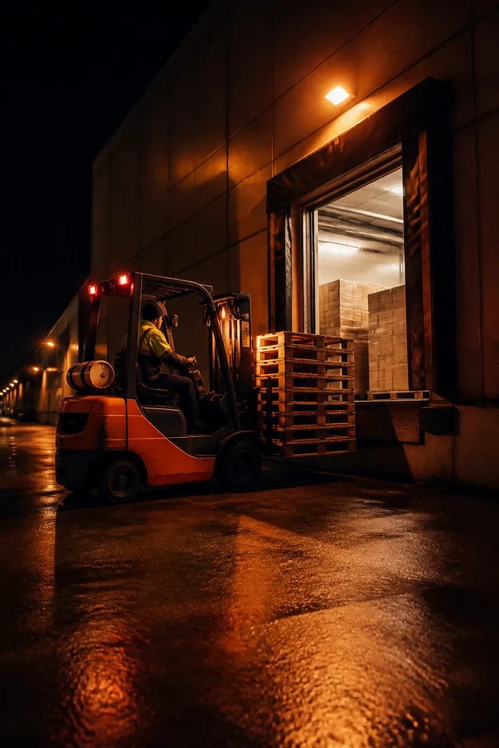 Forklift moving pallets at a night loading bay