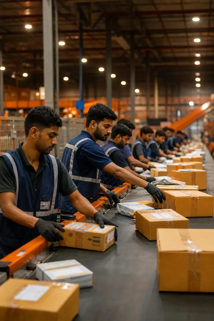 Warehouse team sorting parcels on a conveyor