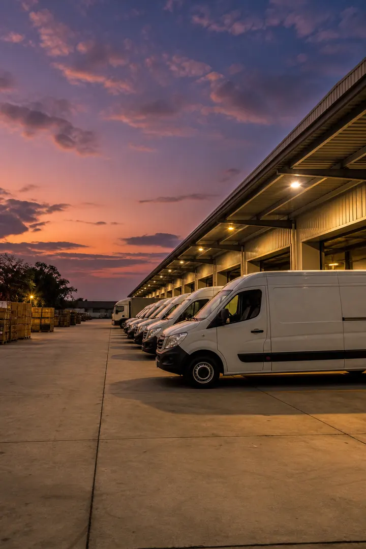 Delivery vans lined up at an Express Deliveries depot