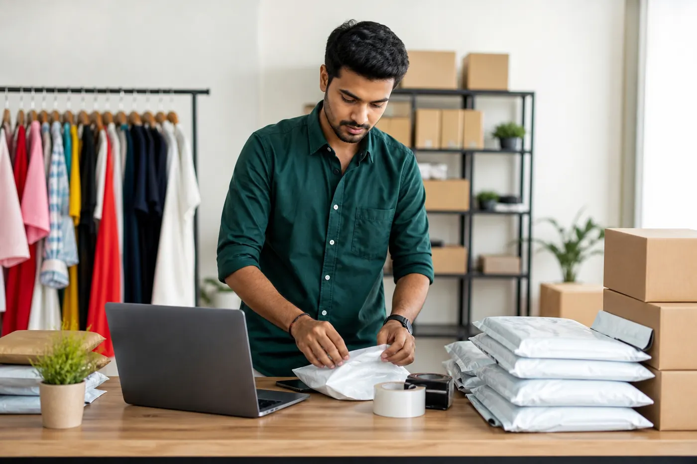 Online seller packing products for fulfillment