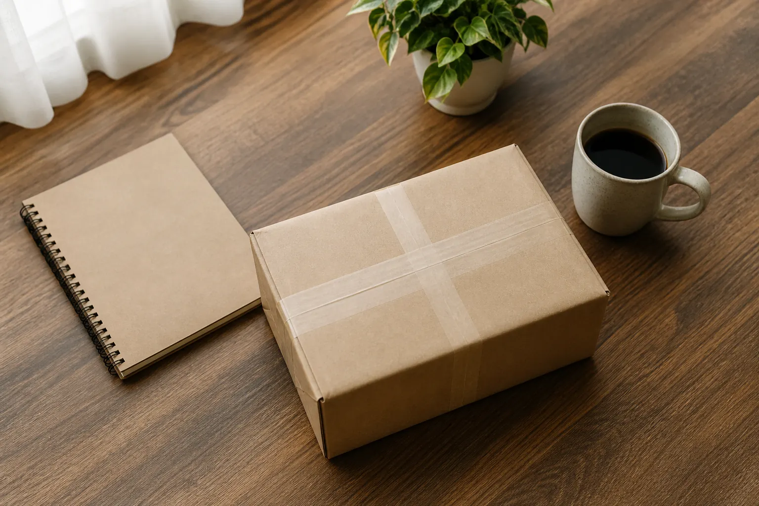 Editorial desk with a parcel and notebook