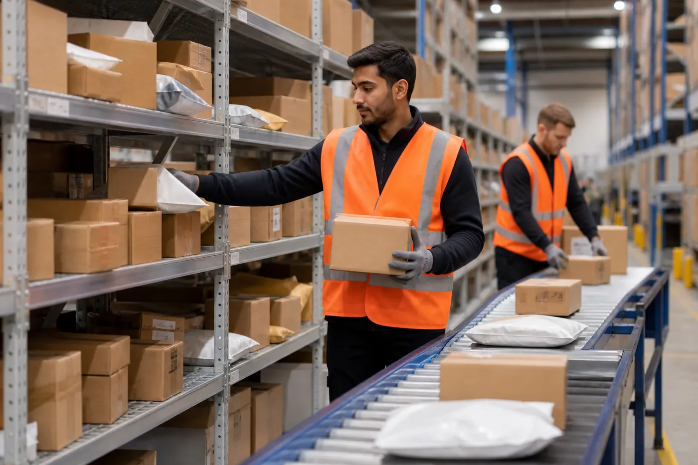 Warehouse team sorting parcels for dispatch