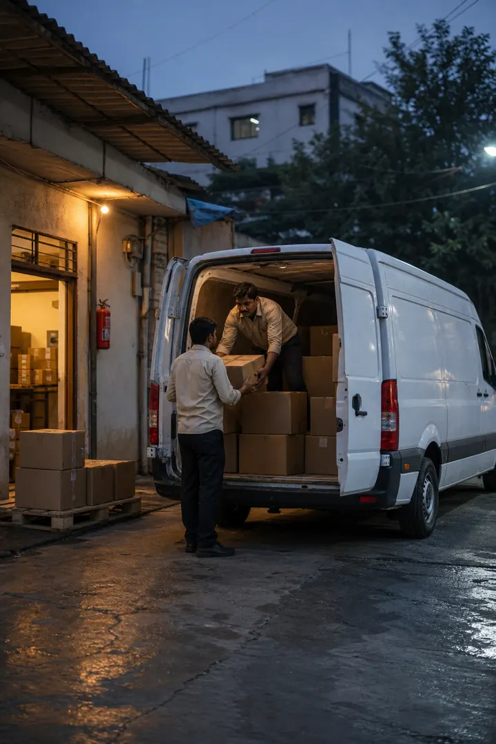 Delivery van being loaded at dawn