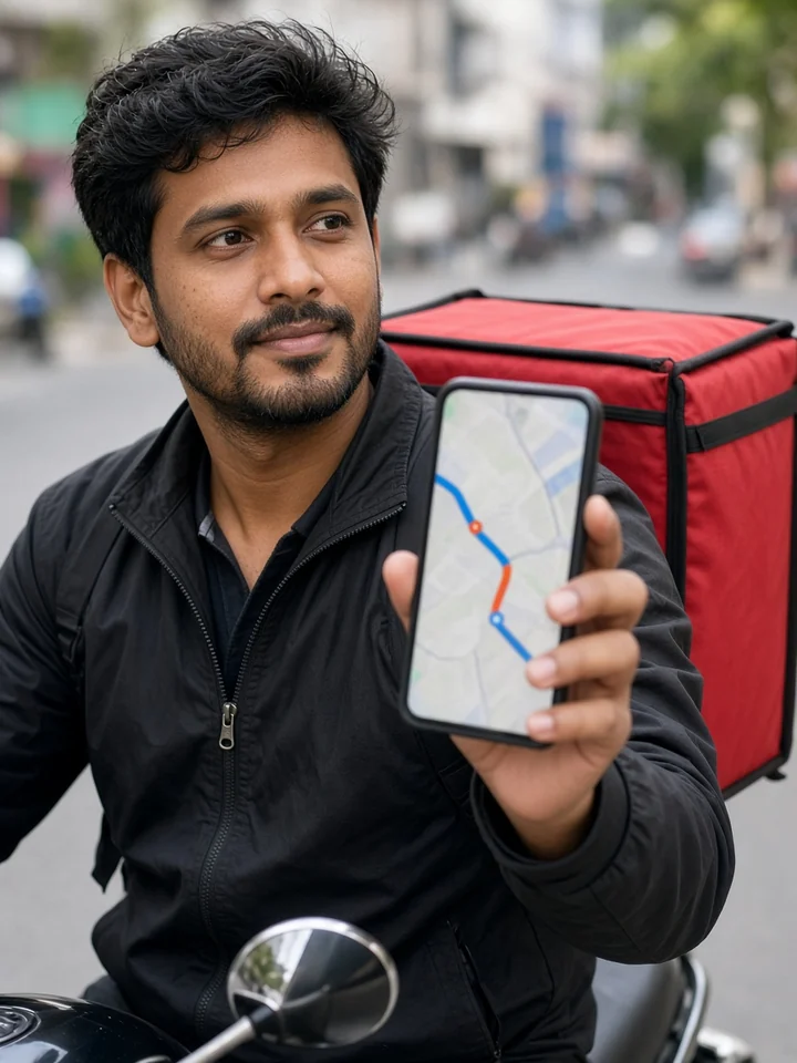 Delivery partner checking live routes on a phone