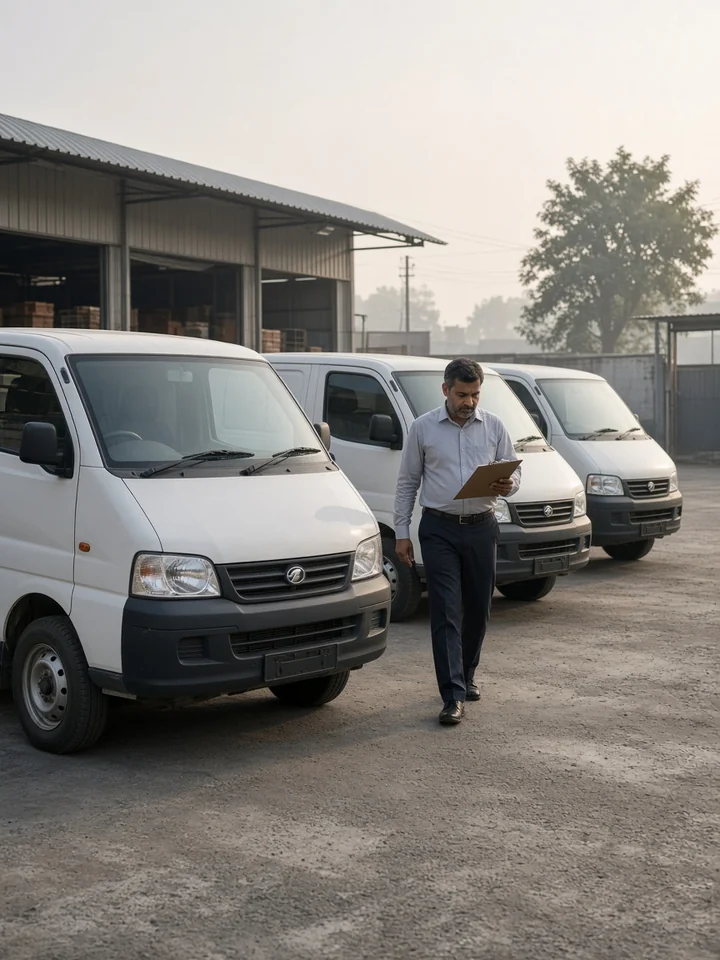 Delivery vans lined up at a logistics depot