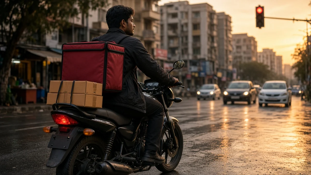 Delivery partner on a motorcycle with parcels in an Indian city