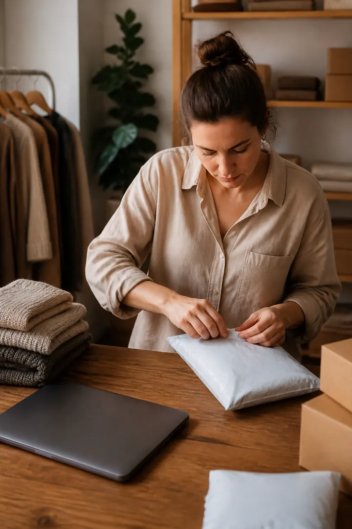 Online seller packing products into mailers