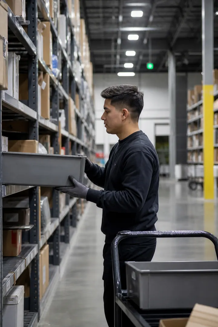 Picker pulling products from warehouse shelves