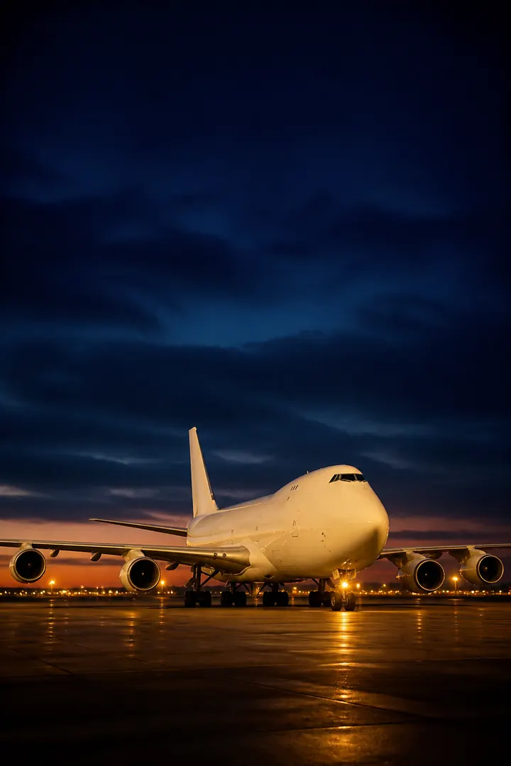Cargo aircraft on the runway at twilight