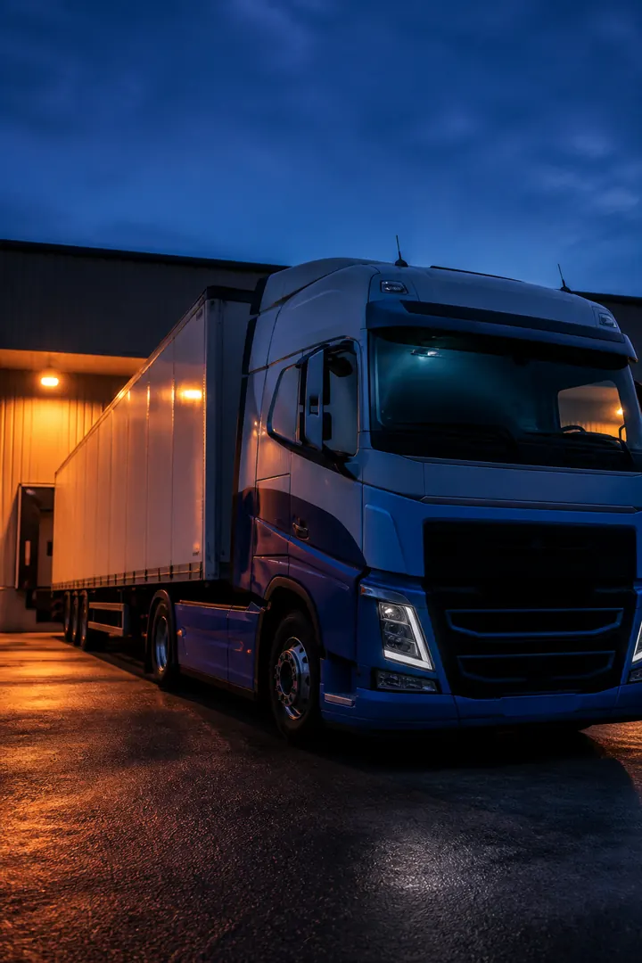 Semi-truck ready for dispatch at a logistics yard