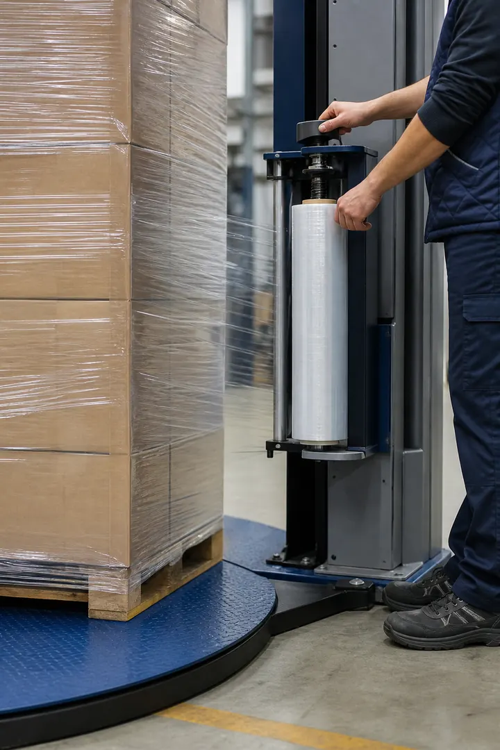 Pallet wrapping station inside a warehouse