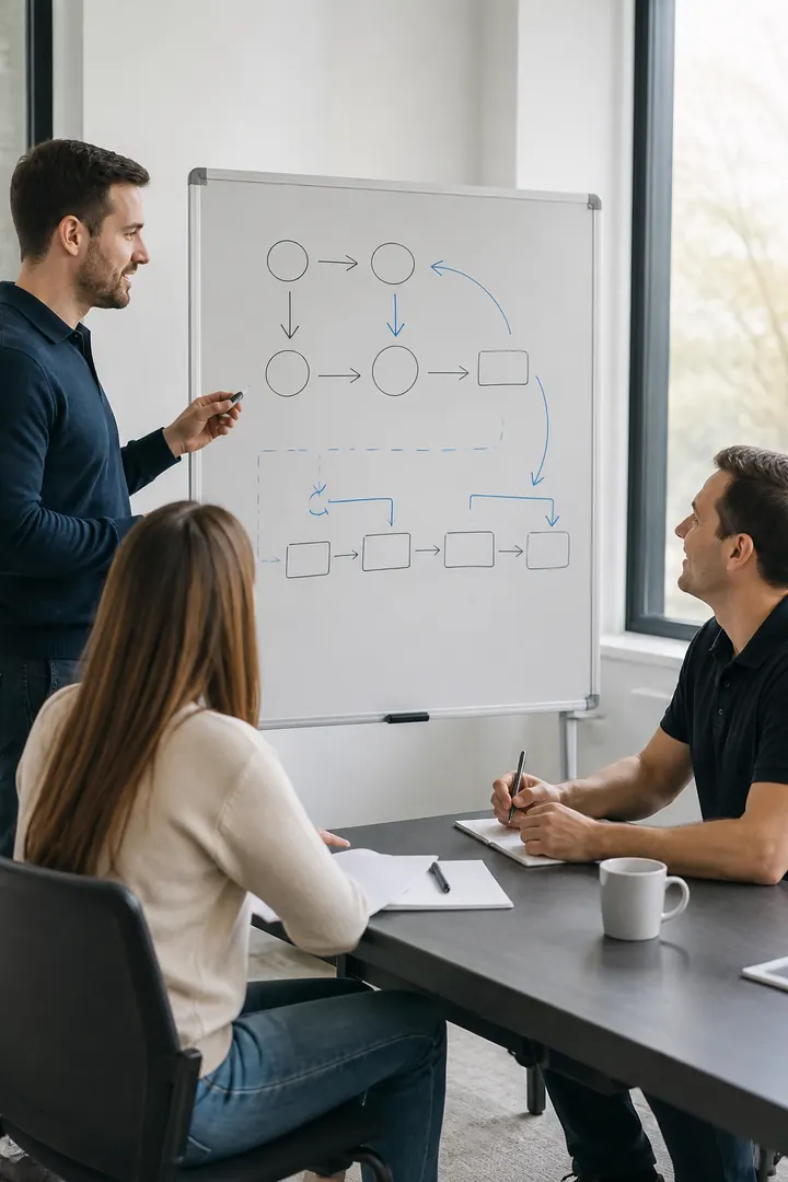 Partner onboarding session around a process board