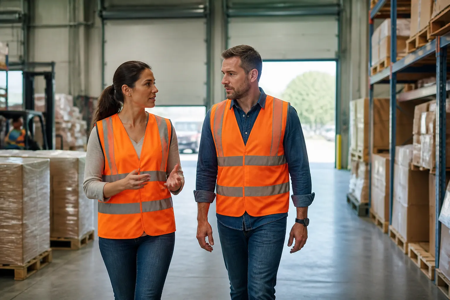 Entrepreneurs walking a warehouse floor together