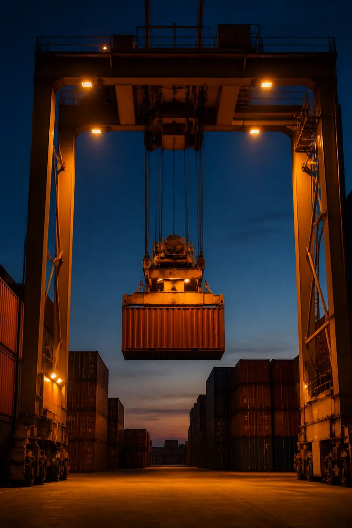 Container yard crane lifting a shipment