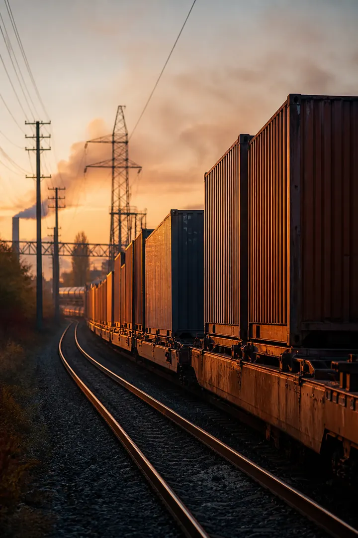 Freight train carrying containers at dusk