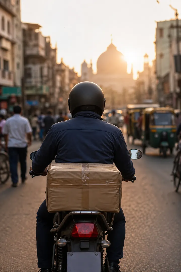 City courier riding through traffic at golden hour