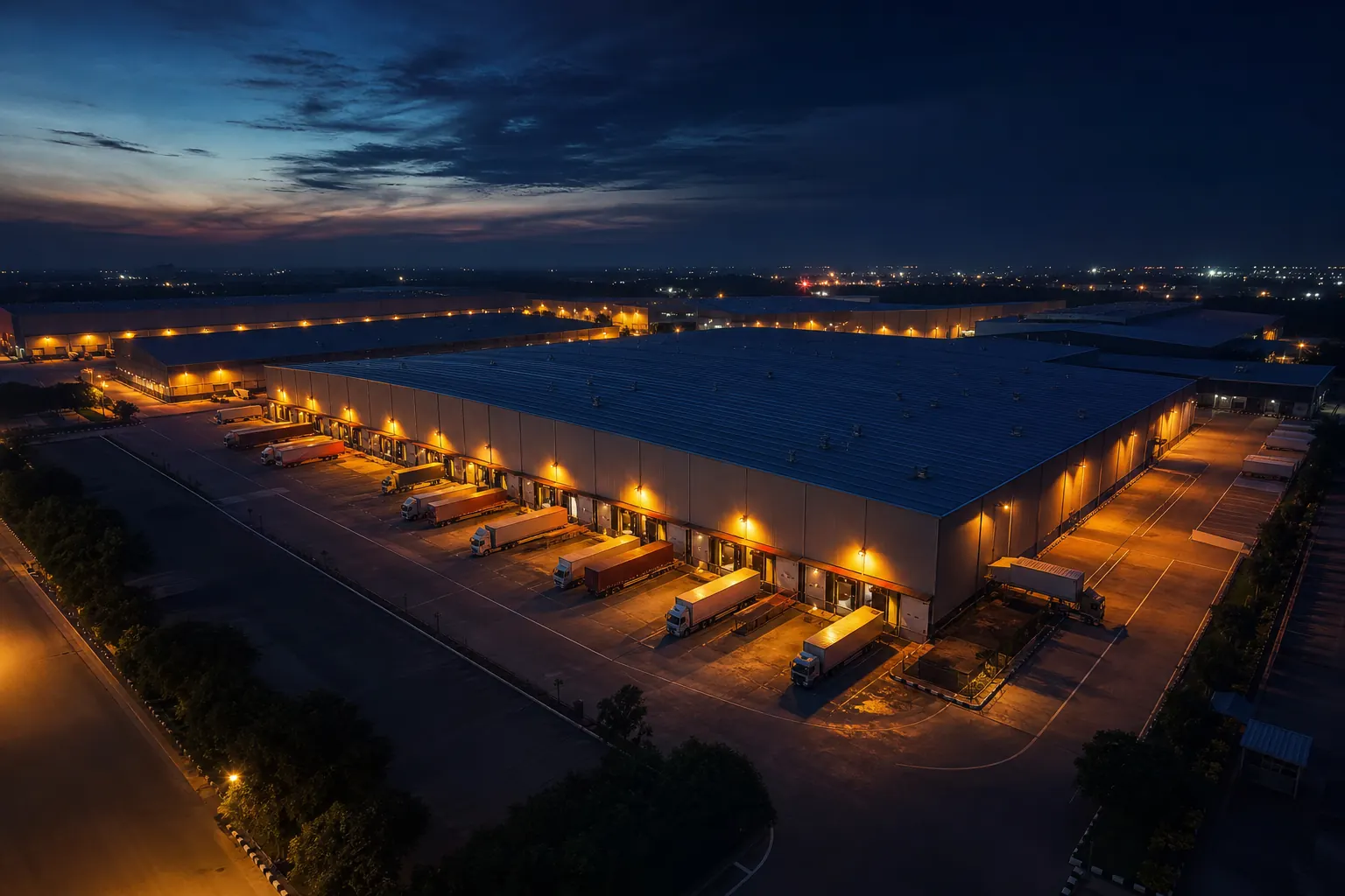 Express Deliveries distribution campus at dusk