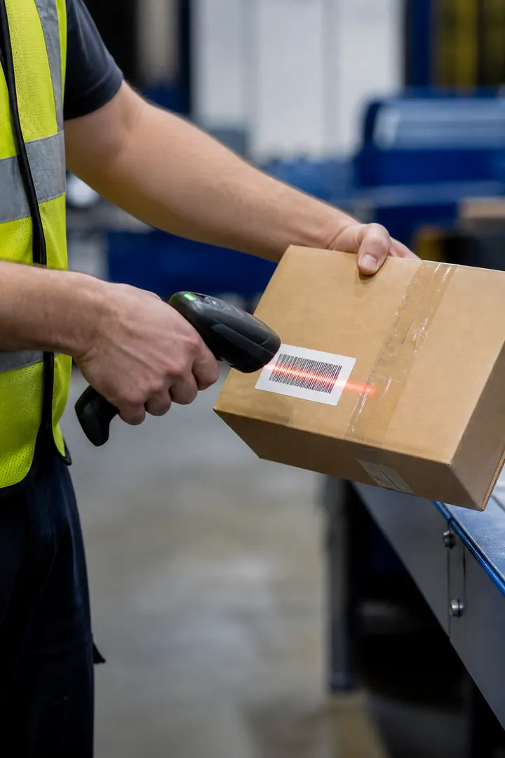 Handheld scanner reading a parcel barcode